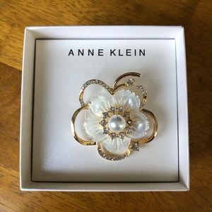 Anne Klein Gold, Pearl, & Rhinestone Flower Brooch